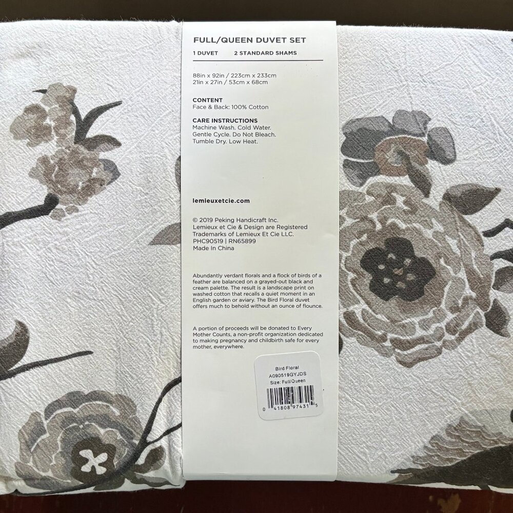 LEMIEUX ET CIE BIRD FLORAL Cotton Full / Queen Duvet Cover Set (88" X 92") - Picture 6 of 7